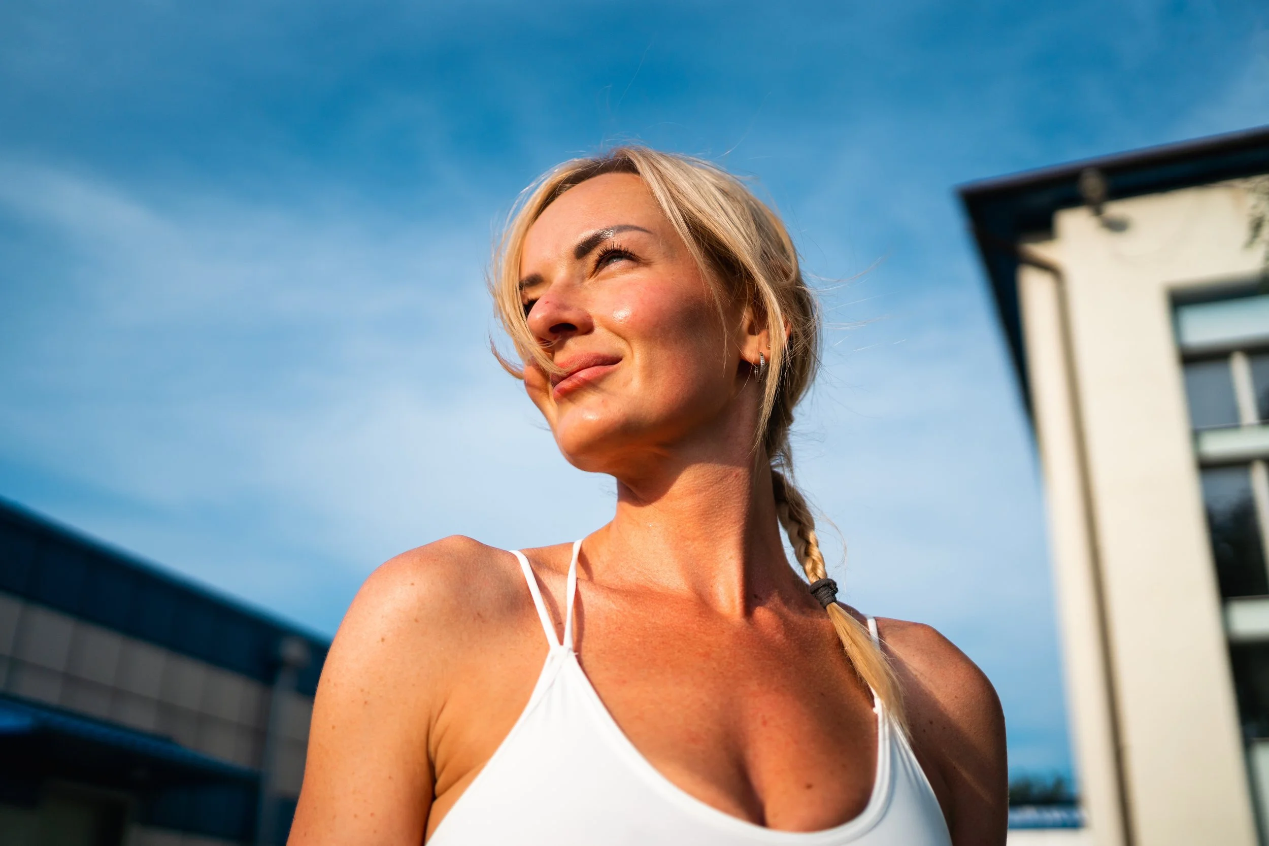 Blonde woman after neck liposuction